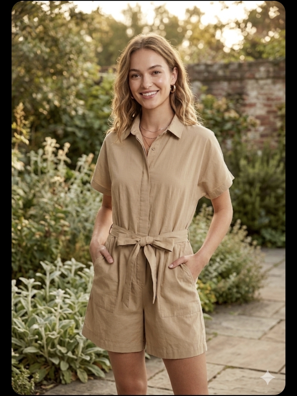 Uniqlo Khaki Short-Sleeve Tie-Waist Romper